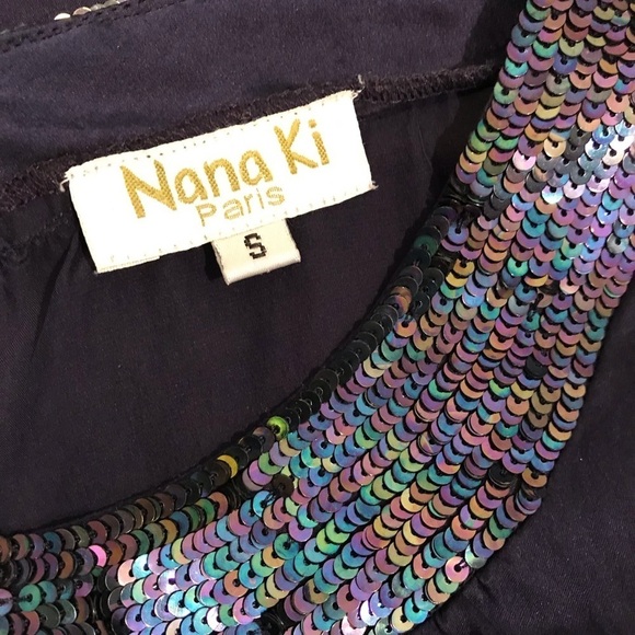 French Blue Silk Sheath Dress Sequins Nana Ki - Picture 4 of 6